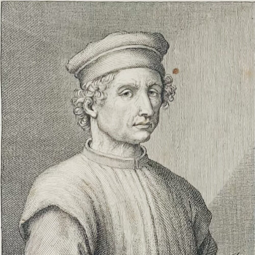 Benozzo Gozzoli, incisione tratta da: Hugford, Ignazio Enrico 1703-1778, "Serie degli uomini i piu illustri nella pittura, scultura, e architettura con i loro elogi [...]". Firenze: 1769-1775, 12 v. in 8, 4° Biblioteca Moreniana, Firenze, A 4 27