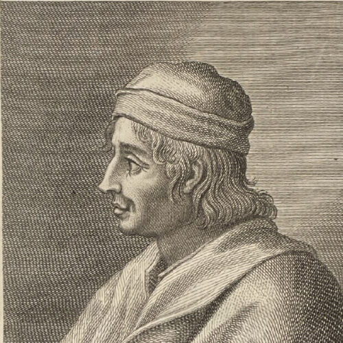 Sandro Botticelli, incisione tratta da: Hugford, Ignazio Enrico 1703-1778, "Serie degli uomini i piu illustri nella pittura, scultura, e architettura con i loro elogi [...]". Firenze: 1769-1775, 12 v. in 8, 4° Biblioteca Moreniana, Firenze, A 4 27