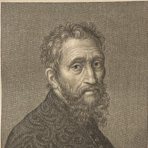 Michelangelo Buonarroti, incisione tratta da: Hugford, Ignazio Enrico 1703-1778, "Serie degli uomini i piu illustri nella pittura, scultura, e architettura con i loro elogi [...]". Firenze: 1769-1775, 12 v. in 8, 4° Biblioteca Moreniana, Firenze, A 4 28