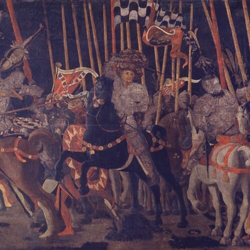 Battaglia di San Romano: Micheletto Attendolo da Cotignola interviene con le proprie milizie in soccorso del Tolentino, Paolo Uccello, 1438 circa, tavola, Musée du Louvre, Parigi