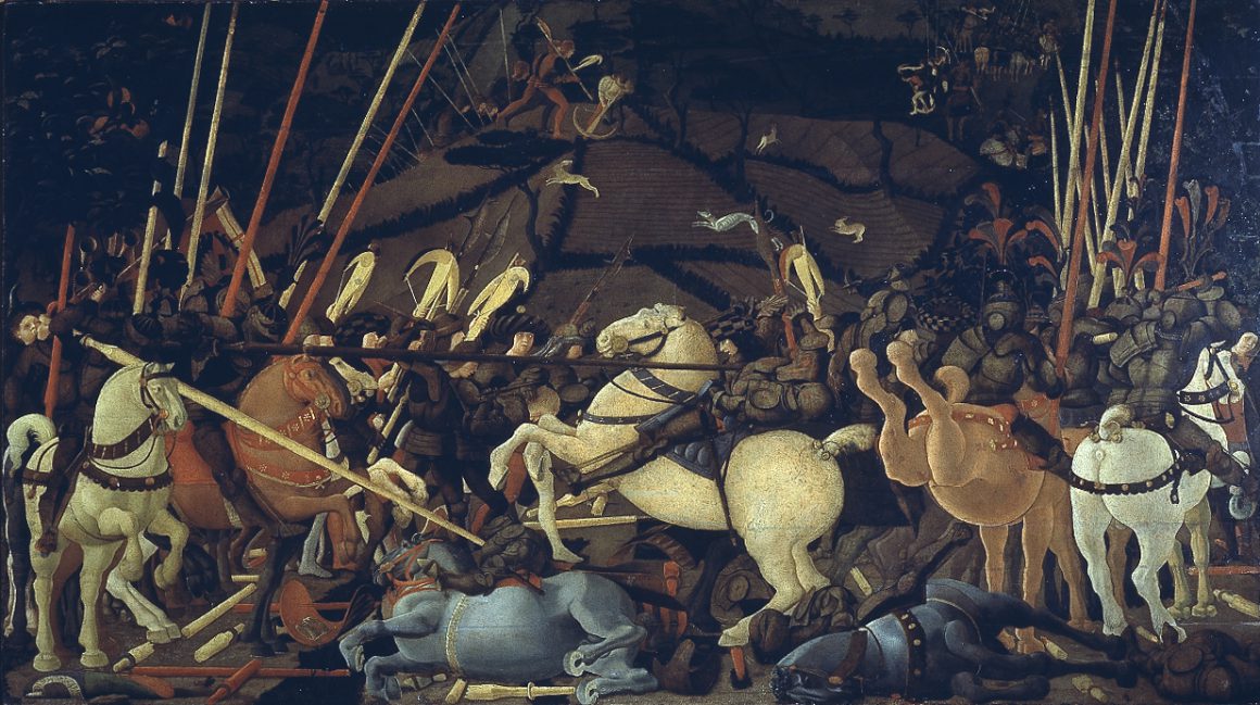 Battaglia di San Romano: disarcionamento di Bernardino della Carda (o Carda), capitano delle truppe senesi, Paolo Uccello, 1438 circa, tavola, Gallerie degli Uffizi, Firenze