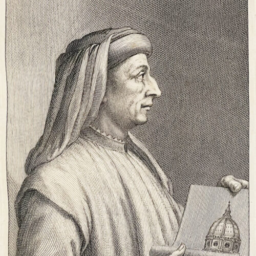 Filippo Brunelleschi, incisione tratta da: Hugford, Ignazio Enrico 1703-1778, "Serie degli uomini i piu illustri nella pittura, scultura, e architettura con i loro elogi [...]". Firenze: 1769-1775, 12 v. in 8, 4° Biblioteca Moreniana, Firenze, A 4 27