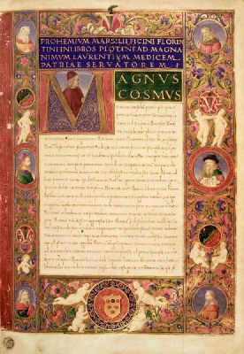 Plotino, Enneadi, con traduzione latina e commento di Marsilio Ficino e dedica a Lorenzo il Magnifico, c. 3r: frontespizio con proemio, Attavante, 1490, Biblioteca Medicea Laurenziana, Firenze