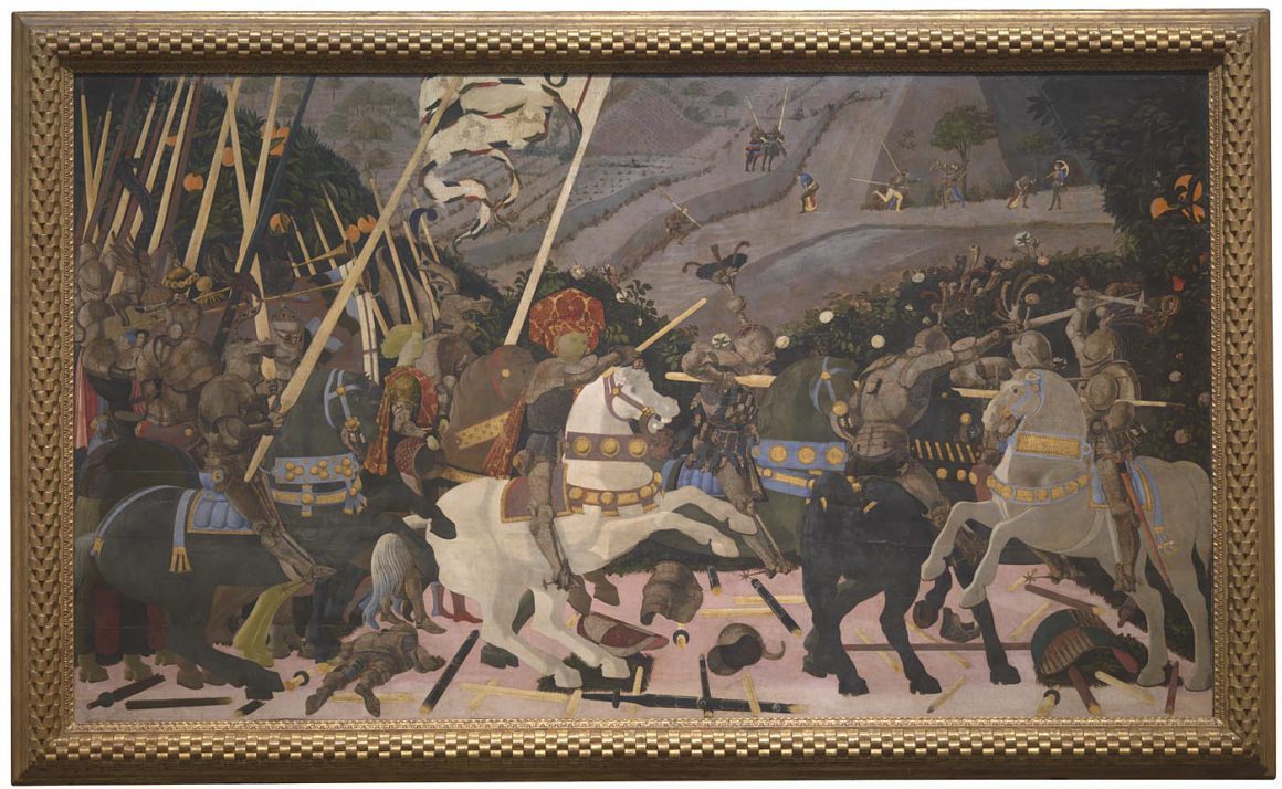 Battaglia di San Romano: Niccolò Mauruzi da Tolentino guida le truppe fiorentine contro i senesi, Paolo Uccello, tavola, cm 182×317, Londra, National Gallery