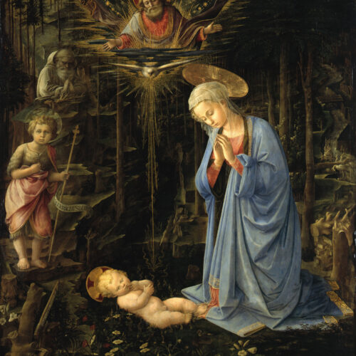 Adorazione del bambino con i santi Giovanni Battista e Bernardo di Chiaravalle, Filippo Lippi, 1455-1459 circa, Staatliche Museen, Gemäldegalerie, Berlino