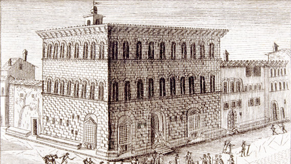 Veduta di Palazzo Medici nel 1468, Giuseppe Manni (artista), Vincenzo Cavini (incisore), 1769, Firenze, Palazzo Medici Riccardi, Biblioteca Moreniana