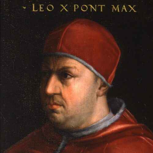 Ritratto di papa Leone X de’ Medici, part., Cristofano dell'Altissimo, 1562-1565, tavola, cm 58×43, Villa Medicea, Poggio a Caiano (Prato)