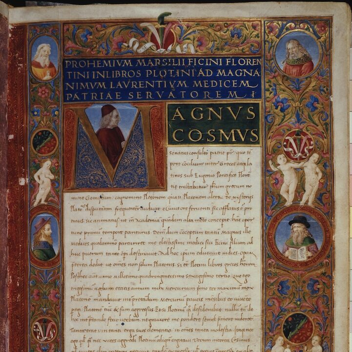 Plotino, Enneadi, con traduzione latina e commento di Marsilio Ficino e dedica a Lorenzo il Magnifico, autore Attavante, 1490, c. 03r, frontespizio con proemio, Biblioteca Medicea Laurenziana, Firenze