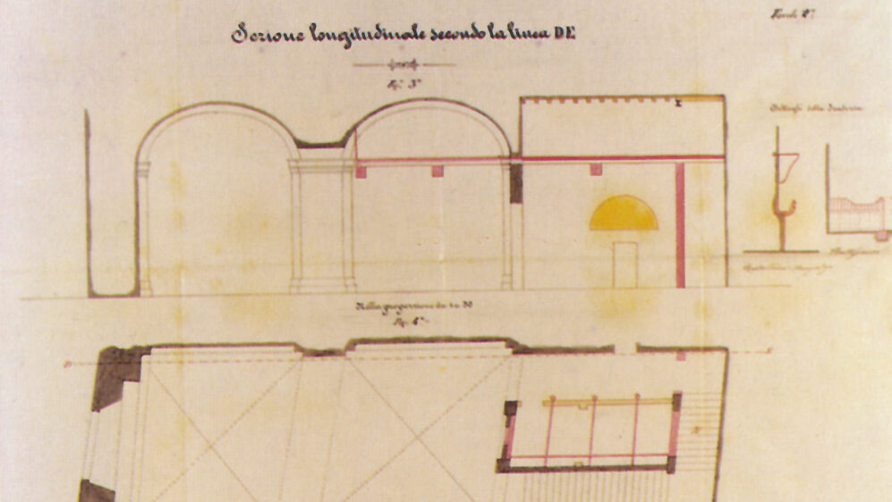 Palazzo Medici Riccardi: progetto con pianta e sezione longitudinale dei locali destinati a rimessa e scuderia con le relative modifiche