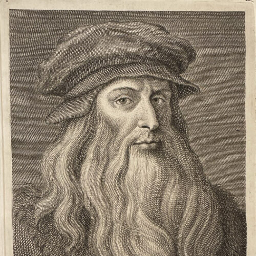Leonardo da Vinci, incisione tratta da: Hugford, Ignazio Enrico 1703-1778, "Serie degli uomini i piu illustri nella pittura, scultura, e architettura con i loro elogi [...]". Firenze: 1769-1775, 12 v. in 8, 4° Biblioteca Moreniana, Firenze, A 4 28