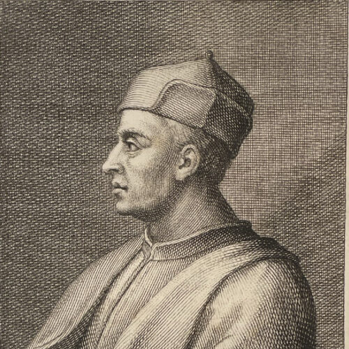 Luca Signorelli, incisione tratta da: Hugford, Ignazio Enrico 1703-1778, "Serie degli uomini i piu illustri nella pittura, scultura, e architettura con i loro elogi [...]". Firenze: 1769-1775, 12 v. in 8, 4° Biblioteca Moreniana, Firenze, A 4 28