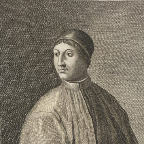 Il Poliziano, incisione tratta da: "Serie di ritratti d'uomini illustri toscani con gli elogi istorici dei medesimi ..." Firenze, 1766-1773. - 4 v. ; fol. Biblioteca Moreniana: F 1 15