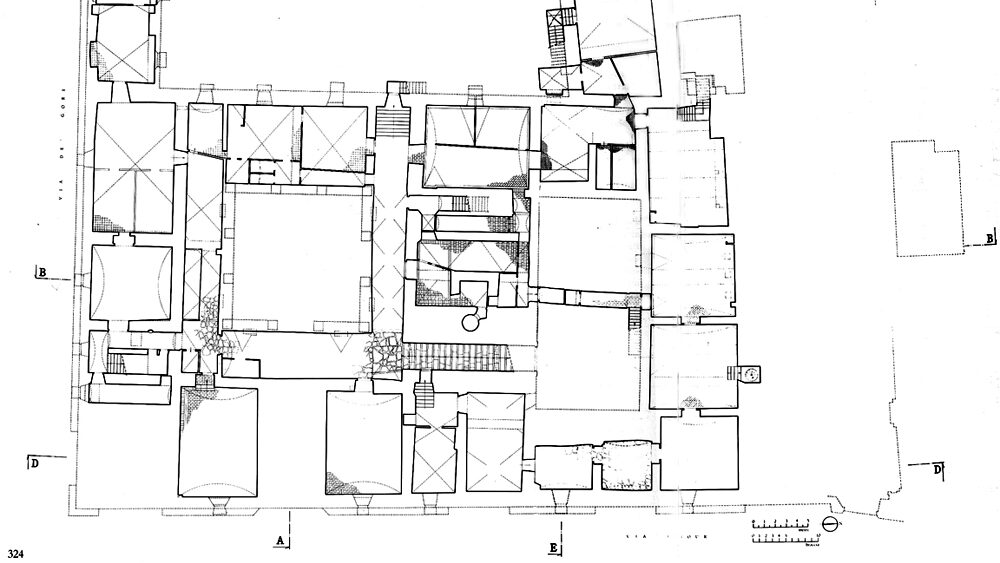 Palazzo Medici Riccardi: pianta del piano sotterraneo con indicazione delle pavimentazioni attuali