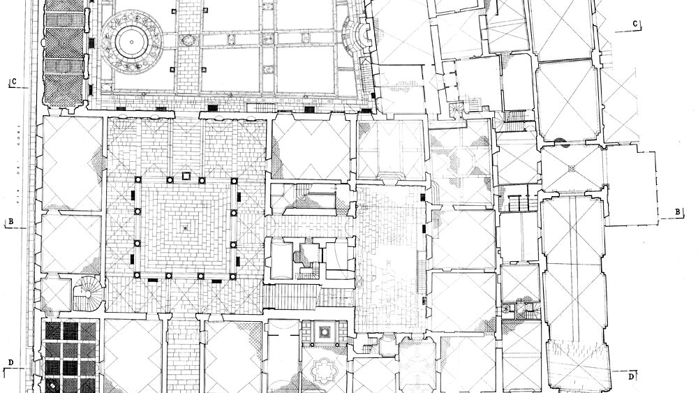 Palazzo Medici Riccardi: pianta del piano terreno con indicazione delle pavimentazioni attuali