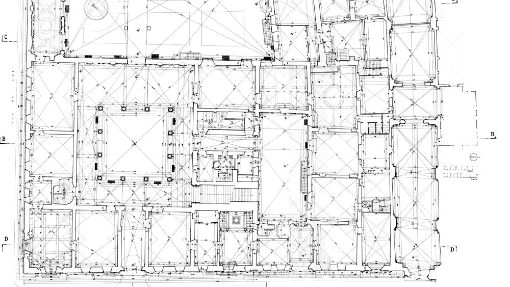 Palazzo Medici Riccardi: pianta del piano terreno con misure planimetriche e quote altimetriche