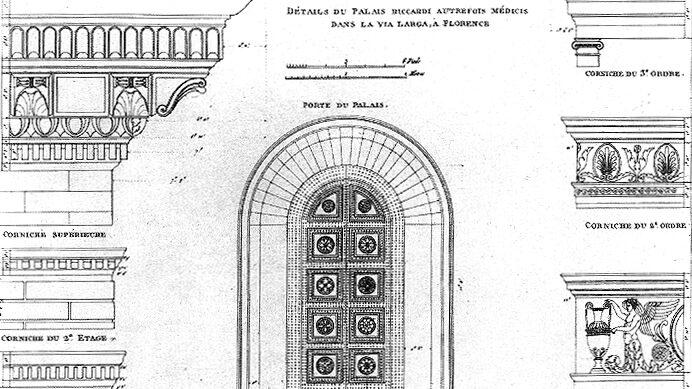 Palazzo Medici Riccardi: portale d'ingresso e particolari di cornicioni e marcapiani