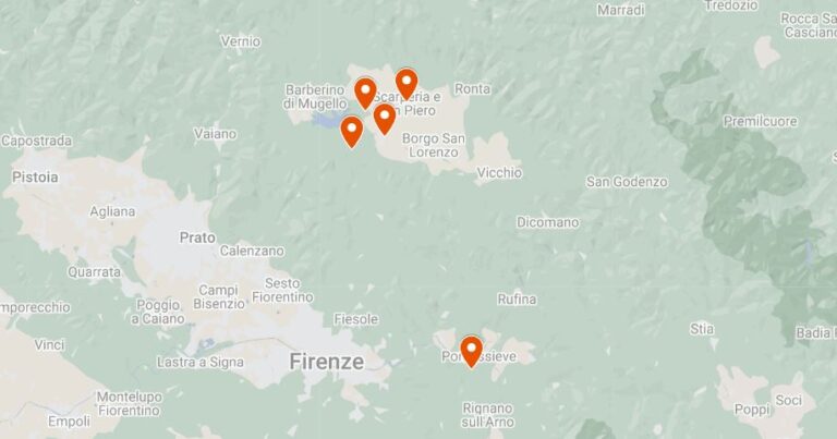 Zona Mugello, presso San Piero a Sieve (Borgo San Lorenzo /FI), Provincia di Firenze (a nord di Firenze, lungo la statale 65): villa di Cafaggiolo, villa del Trebbio, Convento di Bosco ai Frati, San Piero a Sieve, Scarperia