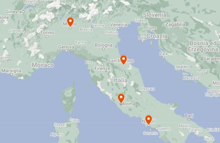 Milano, Urbino, Roma, Napoli