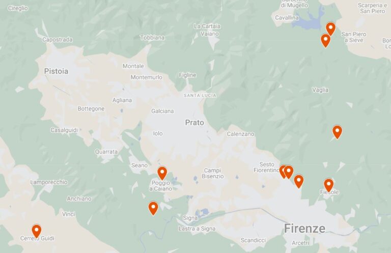 Castello di Cafaggiolo, Villa del Trebbio, Villa di Careggi, Villa Medici a Fiesole, Villa di Poggio a Caiano, Villa di Castello, Villa di Pratolino, Villa della Petraia, Villa di Artimino, Villa di Cerreto Guidi